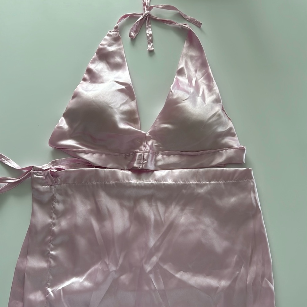 Hand made two piece shiny pink set & top comes with padded cups